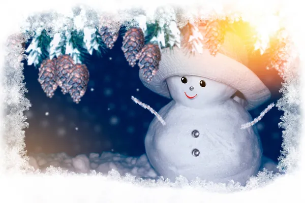 Funny Happy Snowman Winter Landscape Merry Christmas Happy New Year — Stock Photo, Image