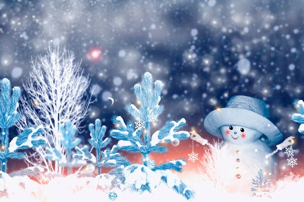Веселий Сніговик Зимовий Пейзаж Різдвом Новим Роком Вітальна Листівка Ліцензійні Стокові Фото