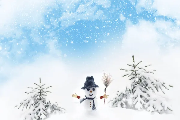 Boneco Neve Feliz Engraçado Paisagem Inverno Feliz Natal Feliz Ano — Fotografia de Stock