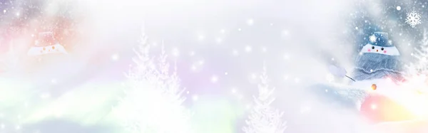 Grappige Blije Sneeuwman Winterlandschap Vrolijk Kerstfeest Gelukkig Nieuwjaar Wenskaart — Stockfoto