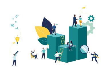 Vektör illüstrasyon, sanal iş asistanı çizelgesi 3D. Üretkenlik üzerine ekip çalışması, yatırım yönetimi üzerine beyin fırtınası. Bir fikir üzerinde kafa yoran bir grup iş adamı. iş büyümesi