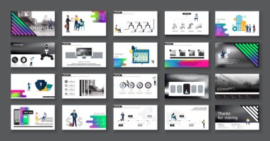 Grafik Tasarım Projesi Sunumu, Powerpoint. Infographic Kaydırma Şablonu. Flyer 'da kullanmak için, SEO. Webinar İniş Şablonu, Web Sitesi Tasarımı, Banner. Bir grup insan bir iş, takım çalışması, daire, kart, işaret, alfabe, kare, harfler yaratıyor.,