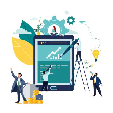 Vektör çizimi. İnsanlar internet üzerinden iş kuruyor. dizüstü bilgisayar, internet sitesi, finans tableti. Takım çalışması, çevrimiçi iş tanıtımı, iş kalkışı notu, fikirler. Küçük karakterler, toplantı, bilgisayar, internet, teknoloji, sunum, 3d