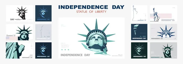 Independence Day Portrait Statue Liberty Poster Presentation Set Green Flat — Stock Vector