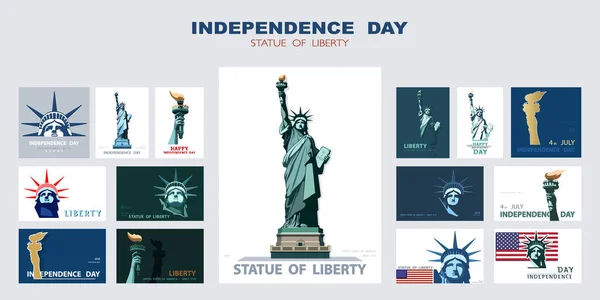 Unabhängigkeitstag Porträt Freiheitsstatue Plakatpräsentation Set Von Grünen Flachen Designvorlagen Usa — Stockvektor