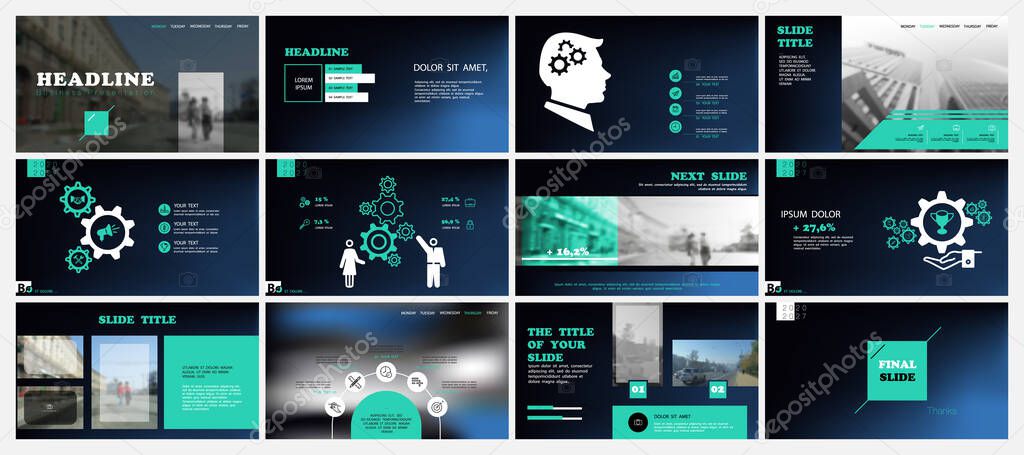 Business presentation template. Design, turquoise elements for presentation on blue background. Vector infographic.People in the city. Use in flyers and leaflets, marketing, advertising, annual report, laptop, screen, mobile, phone, media, display