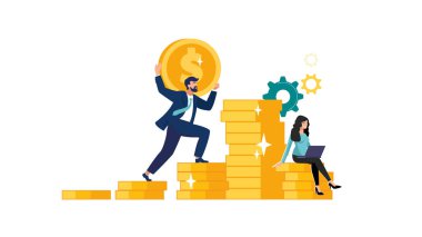 Adam para tablosuna tırmanıyor, yatırım yönetimi. İş adamı para ve para biriktirir. Para ve kar büyümesi, başarıya giden kariyer büyümesi. Altın ikonlar, iş analizleri, karakter. Vektör illüstrasyon, fikir, karikatür ofisi, kariyer, işçi, postacı bankası