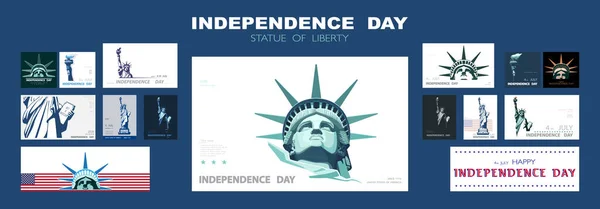 Independence Day Portrait Statue Liberty Poster Presentation Set Green Flat — Stock Vector