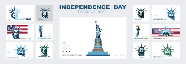 Independence Day Portrait Statue Liberty Poster Presentation Set Green Flat — Stock Vector