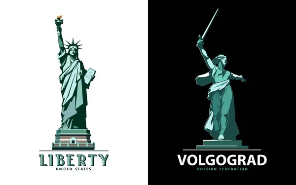 アメリカ自由の女神像ポスター 祖国からの電話だ 緑の幾何学的図面 アメリカの象徴 デザイン ベクターイラスト 黒背景 ヴォルゴグラードのシンボル プレゼンテーション エンブレム — ストックベクタ