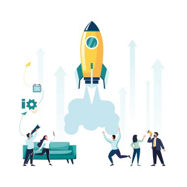 Roket projesini başlat. Bir grup insan bir fikir üretiyor, genç bir yaratıcı şirkette yeni bir iş projesi başlatıyorlar. Başarıya giden kariyer, iş analizi. Vektör illüstrasyon, geliştirme, hız, uzay gemisi