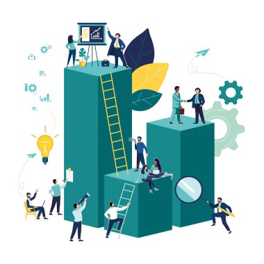 Vector illustration, virtual business assistant chart. Teamwork on productivity, brainstorming investment management. Business group of people characters pondering an idea.Investing money in a project flat, cartoon, idea, character, infographic, SEO