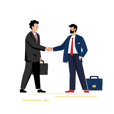 İki uluslararası işadamı Avrupalı ve Kafkasyalı, iş görüşmesi tokalaşması. İş anlaşması. İlk selamlaşanlar iş adamlarıdır. Düz stil karakter. Beyaz arkaplanda izole edilmiş, vektör yöneticisi, düz, ortak, anlaşma, iş, bilgi