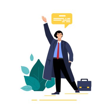 Başarılı iş adamı, eko-ticaret sunan girişimci veya yatırımcı memnuniyetle karşılanıyor. Takım elbiseli bir işadamı işbirliği çağrısında bulunuyor. Finansal başarı, ekonomi, ticaret konsepti. Vektör illüstrasyon bilgileri, erkek, Powerpoint, rekabet, düz