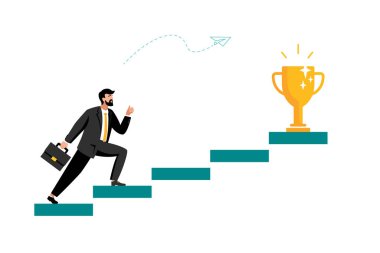 Vektör düz çizim, insan işadamı hedefine doğru koşuyor motivasyon merdivenini çıkıyor, finansal başarıya giden yol, büyük ödül, kupa. İş planı. İnsanlar çalışma takımı. Çalışma zamanı, liderlik, sembol, daire, karakter, yol, iş,