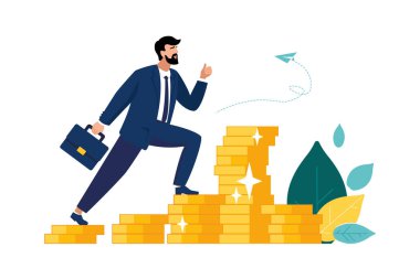 Man climbs on a chart coin, investment management. Businessman saves money, finances. Money and profit growth, career growth to success. Gold icons, business analysis, character. Vector illustration idea, cartoon, office career, investment management