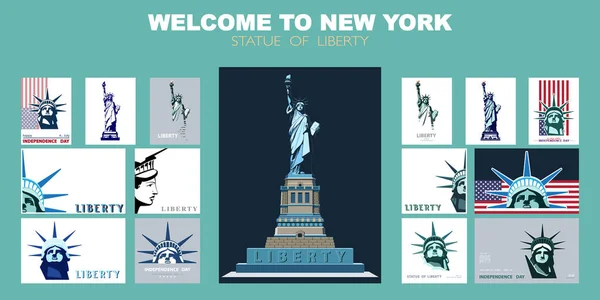 Statue Liberty Design Template Set Banner Geometric Colored Flat Design — Vettoriale Stock