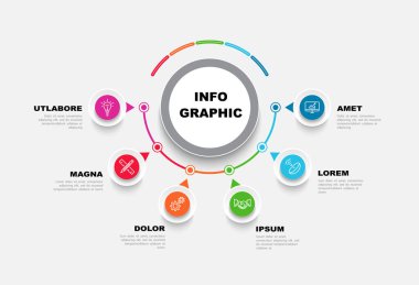 Bilgi ve pazarlama simgeleri, tasarım çemberleri. Çalışma akışları, grafikler, web tasarım sunumları oluşturmak için kullanılır. 6 seçenekli iş konsepti, sürecin aşamaları, çok renkli. Vektör illüstrasyonu, modern iletişim, düz, teknoloji, grafik