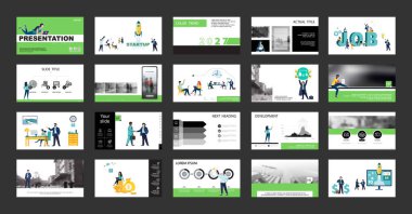 İş sunumu, Powerpoint, yeni bir iş projesi. Infographic tasarım şablonu, yeşil elementler, siyah arkaplan, set. Bir grup insan bir iş kurar, takım çalışması. Mobil uygulama, web, SEO, broşür, başlatma, broşür, iş, işadamı,