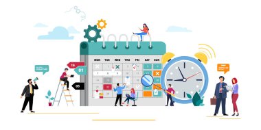 İnsanlar konsept planlıyor. Girişimcilik ve bu ayın takım çalışması takvimi, alarm. İş toplantıları ve etkinlikler, işadamları ofiste çalışma sürecini düzenliyor. Vektör illüstrasyonu, fikir gücü, kitapçık, takım çalışması, işçi, grup