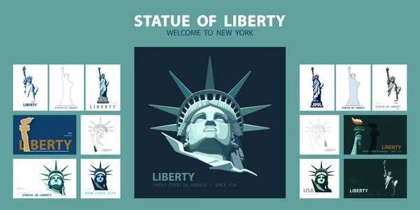 Ensemble Gabarits Statue Liberté Bannière Design Plat Géométrique Bleu Vert — Image vectorielle