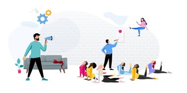 Hoparlörlü fitness antrenörü, evde yoga egzersizleri. Mutlu kızlar. Pozitif vücut hareketleri. Kadın milletlerinin farklı etnik kökenleri. Sağlıklı yaşam tarzı ve evde dinlenme. Vektör illüstrasyonu, teknoloji, iş adamı, izole edilmiş, bilgisayar güç noktası