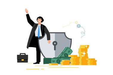Düz vektör çizimi. Kalkanı, parası, para koruması olan bir iş adamı web sayfası, afişi, sunumu, finansal tasarruf sigortası, işi için. Güvenli iş ekonomisi, elektronik bankacılık güç noktası, kitapçık, profesyonel iş, genç, düz