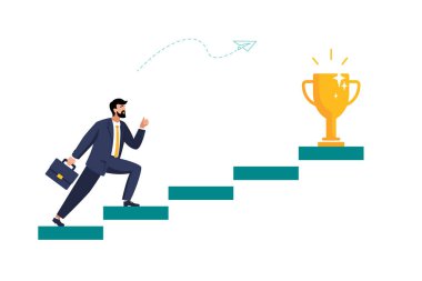 Vektör düz çizim, insan işadamı hedefine doğru koşuyor motivasyon merdivenini çıkıyor, finansal başarıya giden yol, büyük ödül, kupa. İş planı. İnsanlar çalışma takımı. Çalışma zamanı Powerpoint, broşür, düzen, portföy, ağ