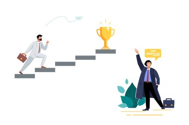 Vektör düz çizim, insan işadamı hedefine doğru koşuyor motivasyon merdivenini çıkıyor, finansal başarıya giden yol, büyük ödül, kupa. İş planı. İnsanlar takım halinde çalışır. Çalışma zamanı, Powerpoint, kitapçık dairesi, dergi kağıdı.