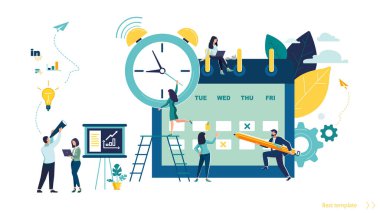 İnsanlar iş planlarını takvime göre yapar. Kız çalar saati kuruyor. Takım çalışması, çevrimiçi iş tanıtımı, finansal büyüme oranı, çizelge, fikirler. Küçük insanların karakterleri. Vektör illüstrasyon, ortaklık, yetişkin, işbirliği, işçi, kişi