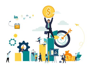 Vektör illüstrasyonu, insanlar bir sütun sütunda hedeflerine doğru koşuyorlar, motivasyonu yükseltiyorlar, hedefe doğru ilerliyorlar. İş büyüme kartı. Düz tasarım, takım çalışması, işbirliği, finans geliştirme konsepti, karikatür, karakter, yetişkin işçi