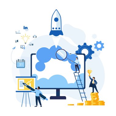 Genç bir yaratıcı şirkette yeni bir işe başlamak, insanlar, iş adamları. Bir roketi bilgisayar ekranının olduğu yerden uzaya fırlatın. Düz renkli çizgi film stili, Powerpoint, broşür, büyüme, ofis, arkaplan