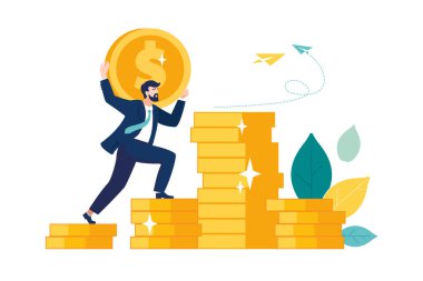 Adam para tablosuna tırmanıyor, yatırım yönetimi. İş adamı para ve para biriktirir. Para ve kar büyümesi, başarıya giden kariyer büyümesi. Altın ikonlar, iş analizleri, karakter. Vektör illüstrasyonu kurumsal, modern, yıllık, Powerpoint, kitapçık,
