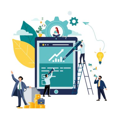 Vektör çizimi. İnsanlar internet üzerinden iş kuruyor. dizüstü bilgisayar, internet sitesi, finans tableti. Takım çalışması, çevrimiçi iş promosyonu, iş kalkışı notu, fikirler. Küçük karakterler, toplantı, Powerpoint, kitapçık bilgisi, SEO, yönetim