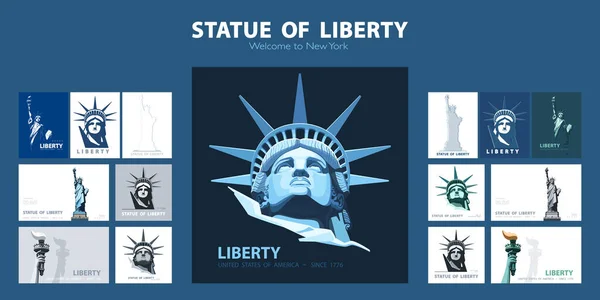 Ensemble Gabarits Statue Liberté Bannière Design Plat Géométrique Bleu Blanc — Image vectorielle