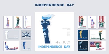 Bağımsızlık Günü posteri, el feneri, sunum, afiş. Özgürlük Heykeli, bir dizi düz mavi dizayn şablonu. Amerikan bayrağı, tatil. Amerika 'nın sembolü. New York. Reklam başlığı, vektör, bilgi, ekran, simge, kağıt güç noktası, kitapçık