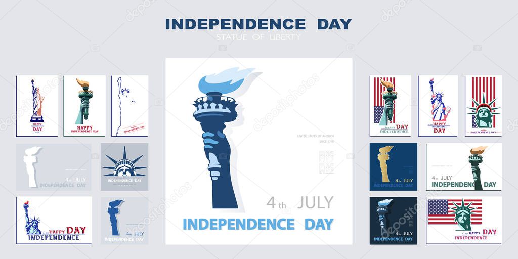 Independence day poster, hand with torch, presentation, banner. Statue of Liberty, set of flat blue design templates. USA flag, holiday. Symbol of America. New York.Advertising text header, vector, infographic, screen, icon, paper powerpoint, booklet