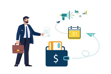Bir belgeyle başarılı bir işadamı, kart dijital fonlarından, bir girişimciden ya da bir yatırımcıdan tasarruf sağlıyor. Takım elbiseli adam, takvim planı. Finansal başarı, ekonomi, ticaret kavramı. Vektör, simge düzeni, kart yaratıcı, dekoratif güç noktası, kitapçık