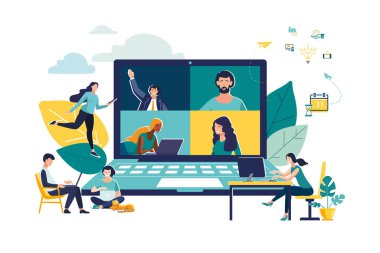 Çevrimiçi iş konferansı, iş adamları. Yaratıcı takım çalışması. Ortak online toplantı, takım düşünme ve beyin fırtınası, şirketin bilgi analizleri. İnternet şirketleri. Vektör, yeşil illüstrasyon, sözleşme, eğitim, imza, masaüstü, grafik,