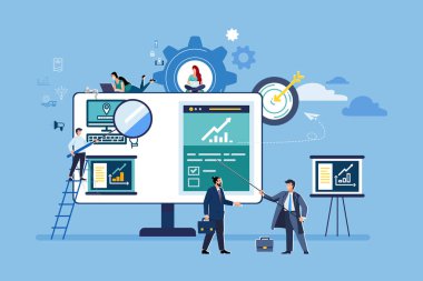 Vektör çizimi, mavi tasarım. Yaratıcı takım çalışması. İnsanlar internet sitesinde bir iş projesi hazırlıyorlar, çalışıyorlar. Monitör ekranı bir inşaat alanı. Görevlerin toplu performansı, Powerpoint, broşür, ofis, iş, bilgi, SEO