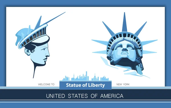 Design Advertising Portrait Statue Liberty Usa Blue Linear Design New — Stockový vektor