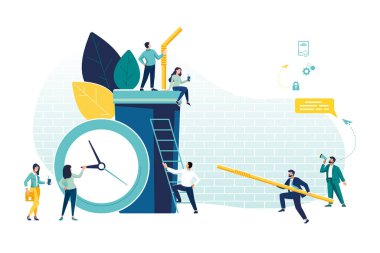 Takeaway drink concept. Teamwork, people make a takeaway drink brainstorming. Business group of people, girls with a drink, morning work on the clock. Businessman with loudspeaker.Vector illustration, powerpoint, booklet office, work infographic, SEO