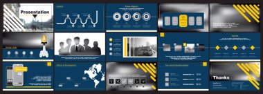 İş sunumlarına başla, Powerpoint, bilgi grafikleri, takım çalışması. Mavi arka planda pembe, sarı tasarım elementleri. Slaytlarda, reklamlarda, pazarlamada kullan. İş seyahati, işaret, inşaat, powerpoint, broşür, ofis, bilgi, SEO
