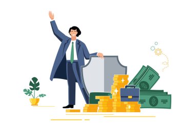 Düz vektör çizimi. Kalkanı, parası, para koruması, web sayfası, afişi, sunumu, finansal tasarruf sigortası, iş dünyası. Güvenli iş ekonomisi, elektronik bankacılık, Powerpoint, kitapçık, ofis, iş yeri, bilgi, SEO