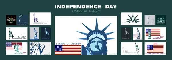 Independence Day Portrait Statue Liberty Poster Presentation Set Green Flat — Stock Vector