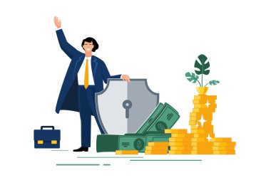Düz vektör çizimi. Kalkanı, parası, para koruması olan bir iş adamı web sayfası, afişi, sunumu, finansal tasarruf sigortası, işi için. Güvenli iş ekonomisi, elektronik bankacılık, Powerpoint broşürü, ofis, iş, bilgi, SEO