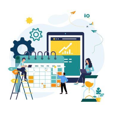 People are building businesses online. Laptop screen, tablet with website, calendar. Teamwork, online business promotion, job collection rating, ideas. Characters of little people.Vector illustration powerpoint, booklet, office, work infographic, SEO