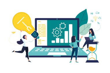 Business concept. Girls planning a business idea in a laptop computer, people teamwork. Hourglass, thinking brainstorming, analysis of company information. Internet business.Vector illustration, green powerpoint, booklet office, work infographic, SEO