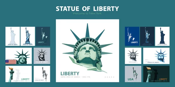 Statue Liberty Set Green Design Templates Banner Geometric Colorful Flat — ストックベクタ