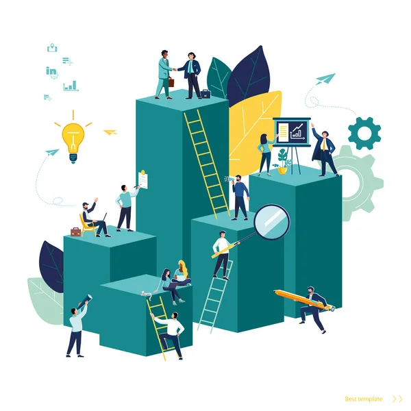 Vector illustration, virtual business assistant chart. Teamwork on productivity, brainstorming investment management. Business group of people characters pondering an idea. Investing money in a project, powerpoint booklet office, work infographic SEO
